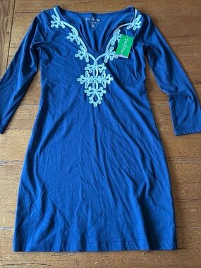 NWT Lilly Pulitzer Blue V-Neck Embroidered 3/4 Sleeve Dress